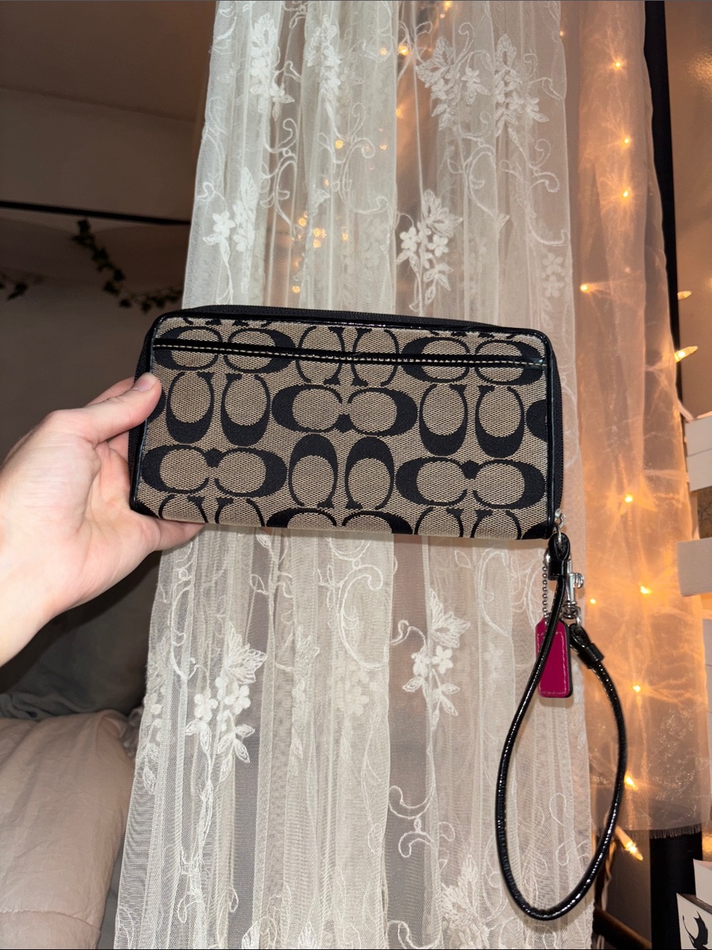 Coach Khaki and Black Signature Canvas Wristlet with Pink Interior detail